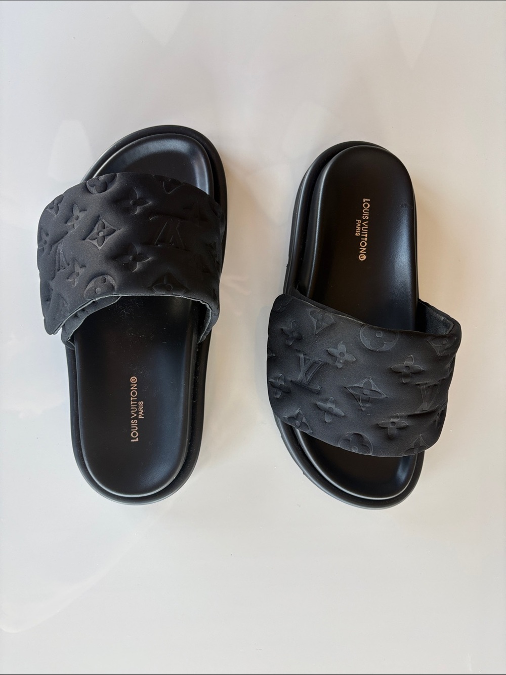 Louis Vuitton Black Embossed Monogram Slide Sandals